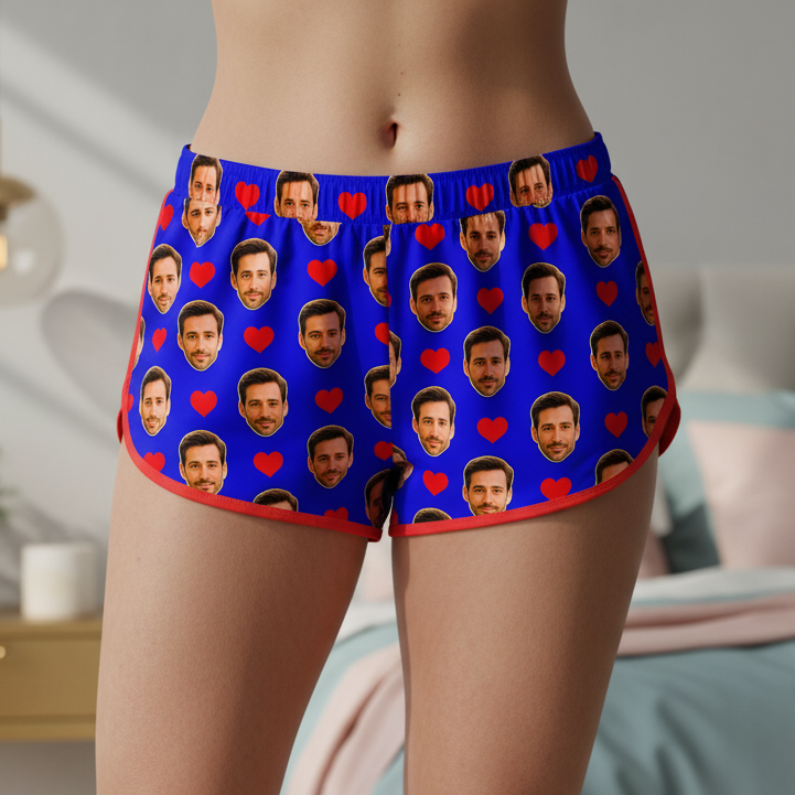 Shorts Doll Azul Royal Personalizado Com Rostos e Corações Presente Casal
