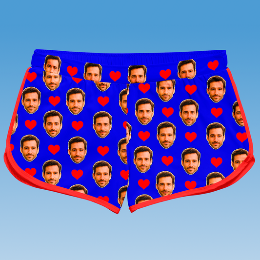 Shorts Doll Azul Royal Personalizado Com Rostos e Corações Presente Casal