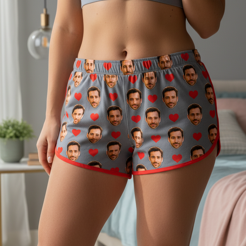 Shorts Doll Cinza Personalizado Com Rostos e Corações Presente Casal