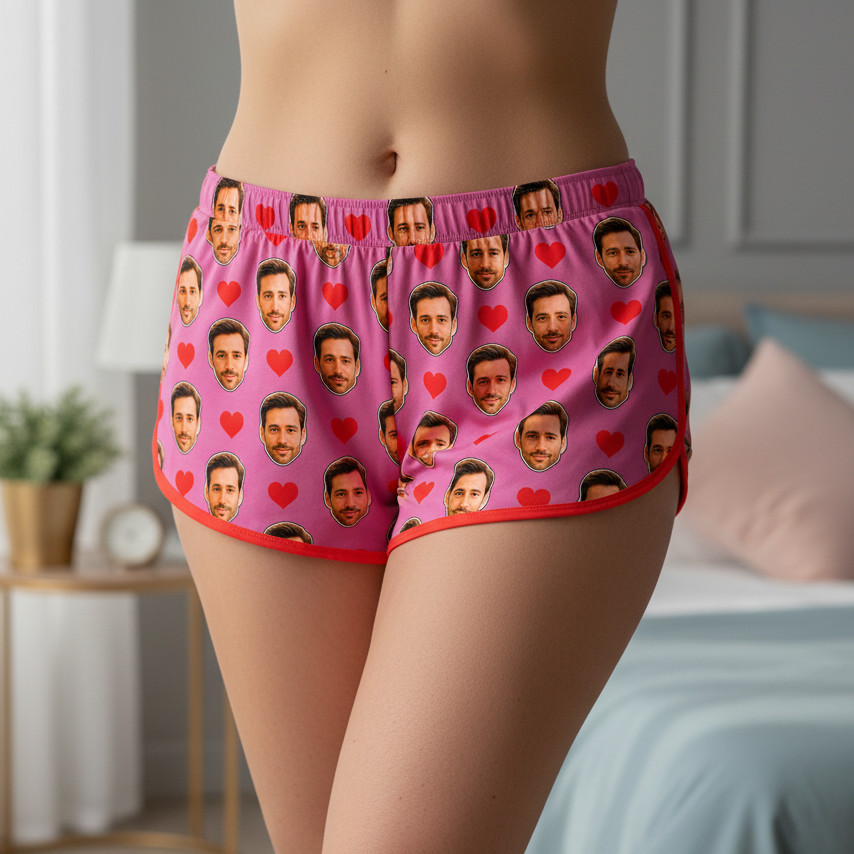 Shorts Doll Purpura Personalizado Com Rostos e Corações Presente Casal