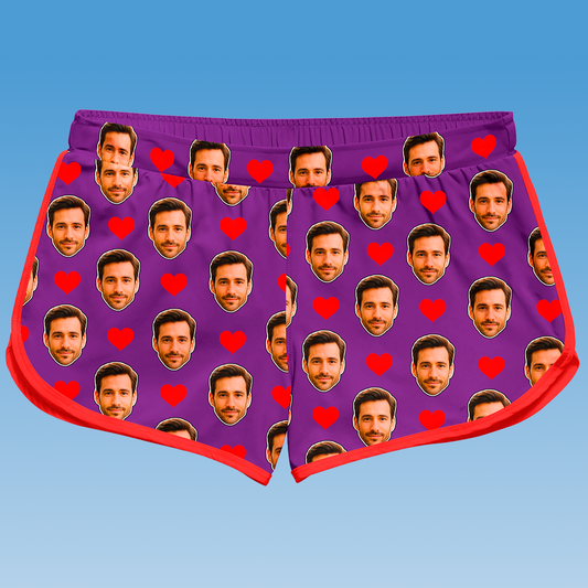 Shorts Doll Roxo Personalizado Com Rostos e Corações Presente Casal