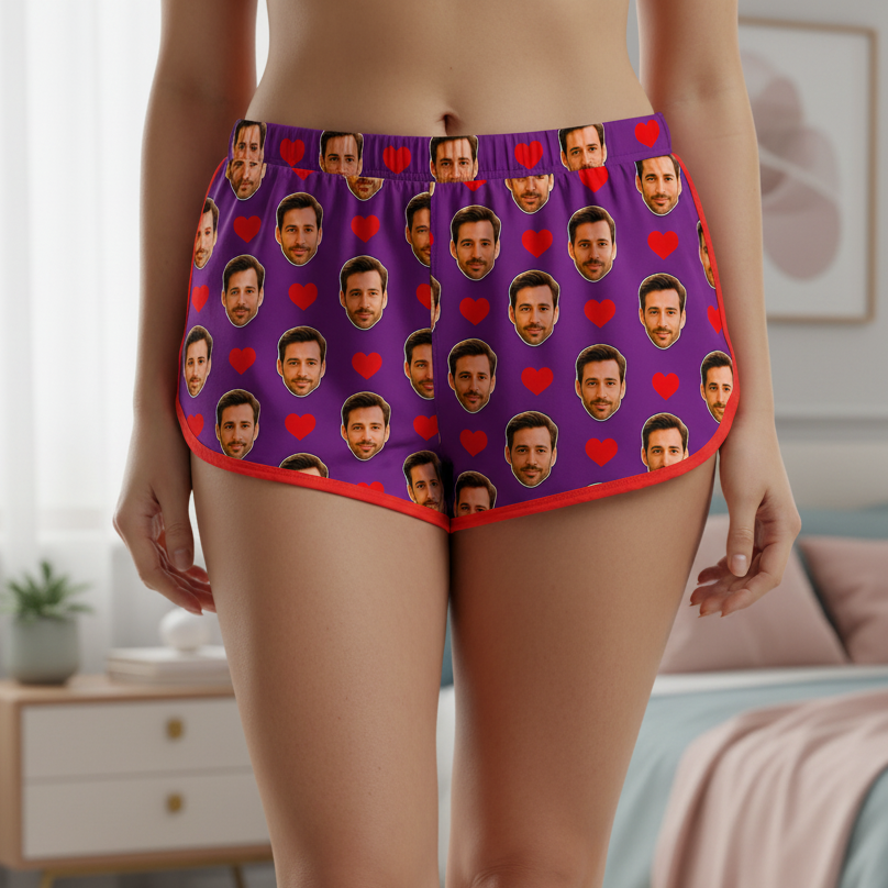 Shorts Doll Roxo Personalizado Com Rostos e Corações Presente Casal