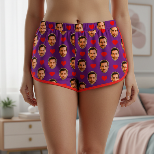 Shorts Doll Roxo Personalizado Com Rostos e Corações Presente Casal