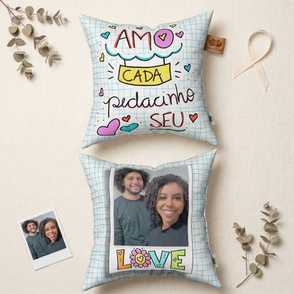Almofada personalizada com foto e frase estilo doodle — Presente romântico casal
