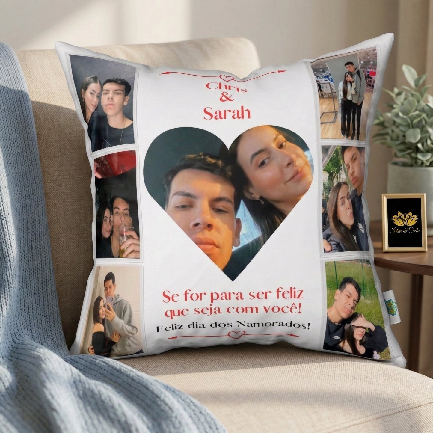 Almofada Personalizada com Foto e Nome — Presente Romântico para Casal 40x40