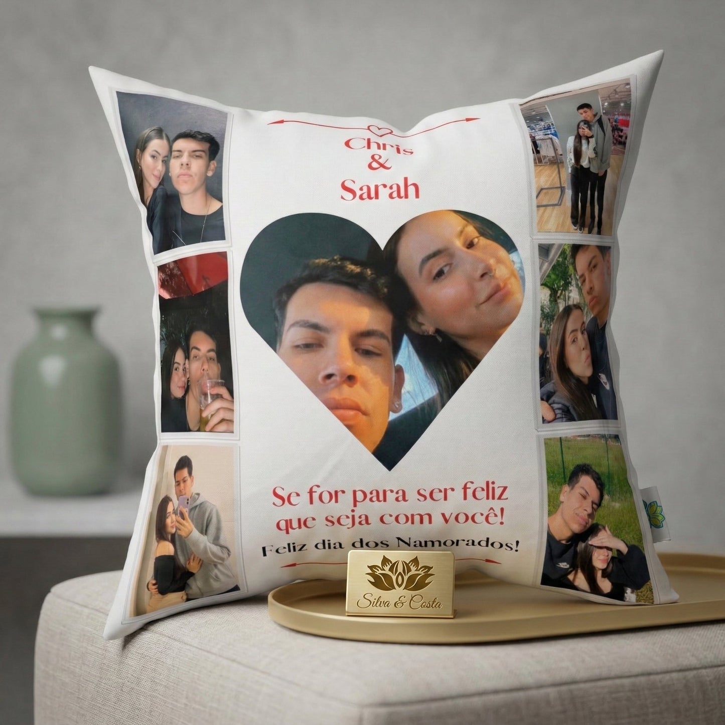 Almofada Personalizada com Foto e Nome — Presente Romântico para Casal 40x40