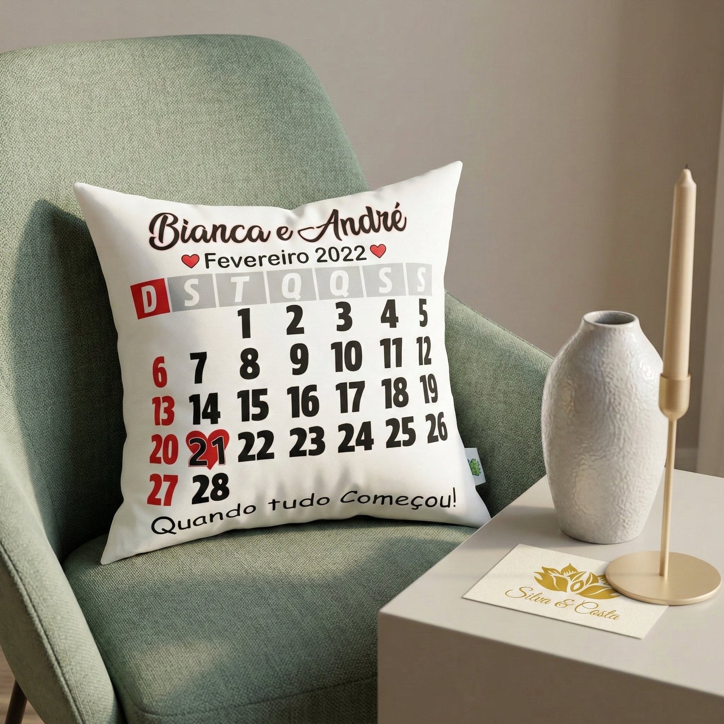 Almofada Personalizada com Nome e Calendário — Presente Romântico Casal 40x40