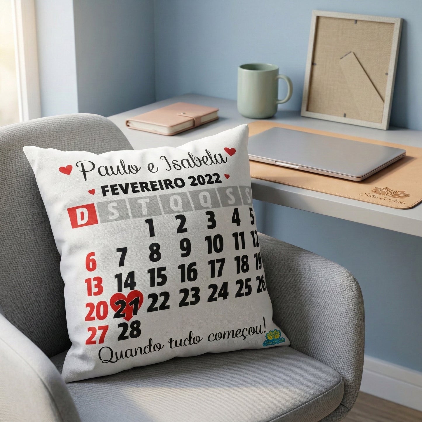 Almofada Personalizada com Nome e Calendário — Presente Romântico Casal 40x40
