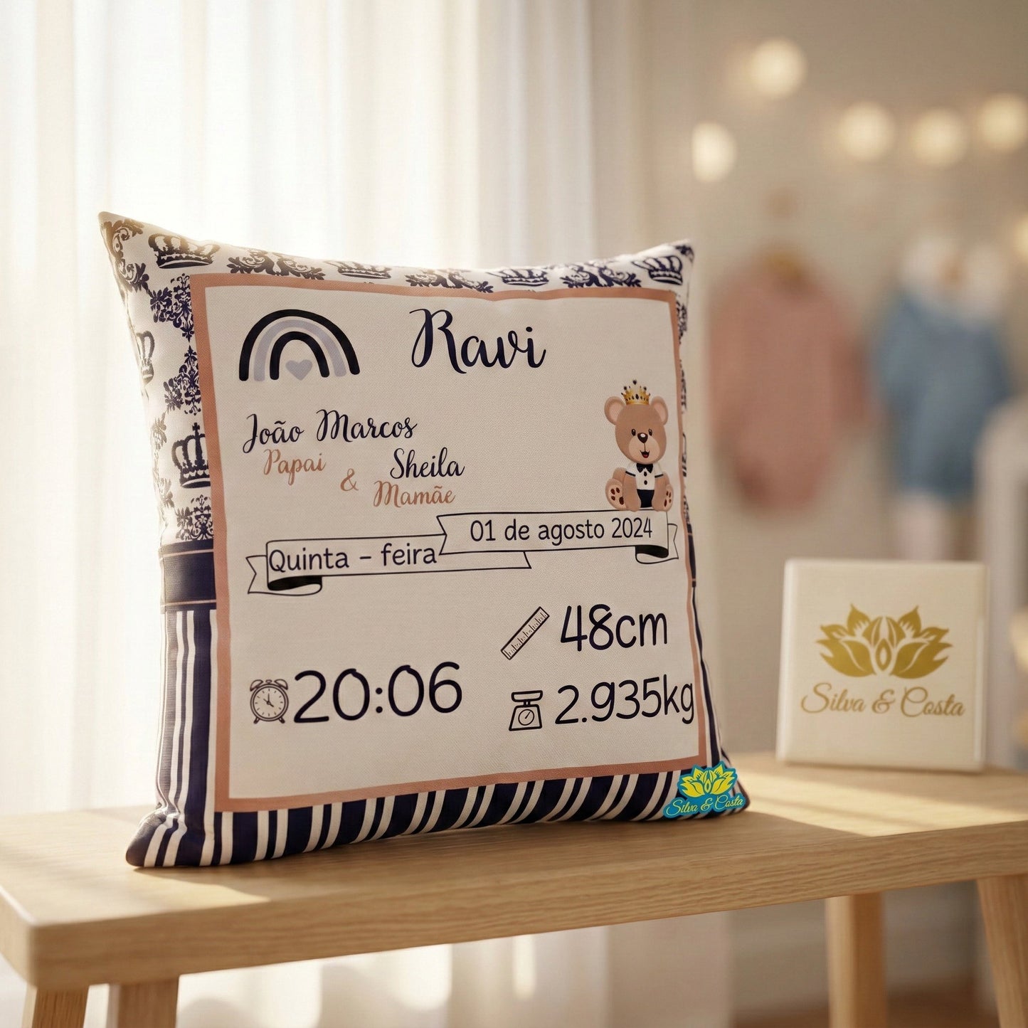 Almofada Personalizada com Nome e Dados — Nascimento do Bebê