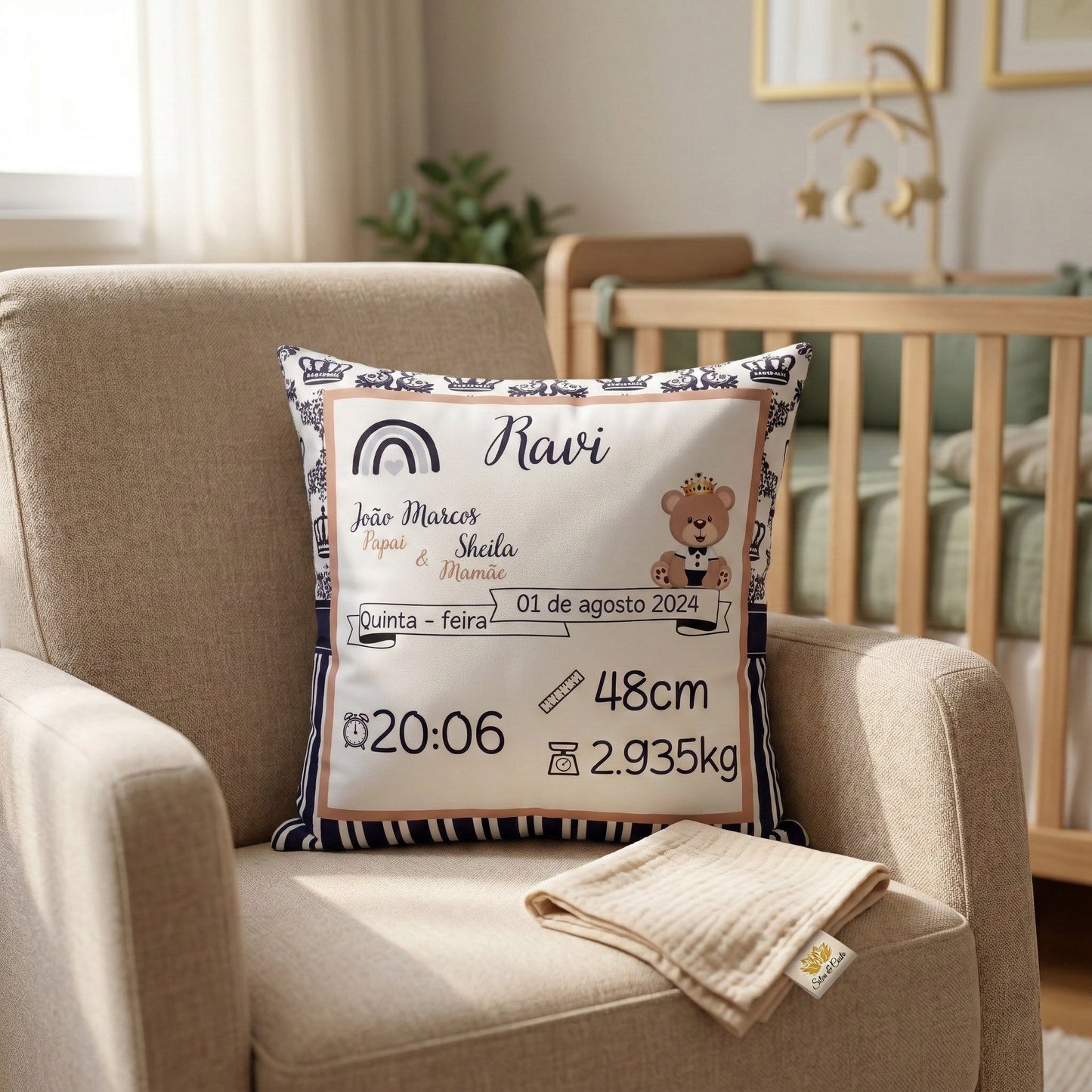 Almofada Personalizada com Nome e Dados — Nascimento do Bebê