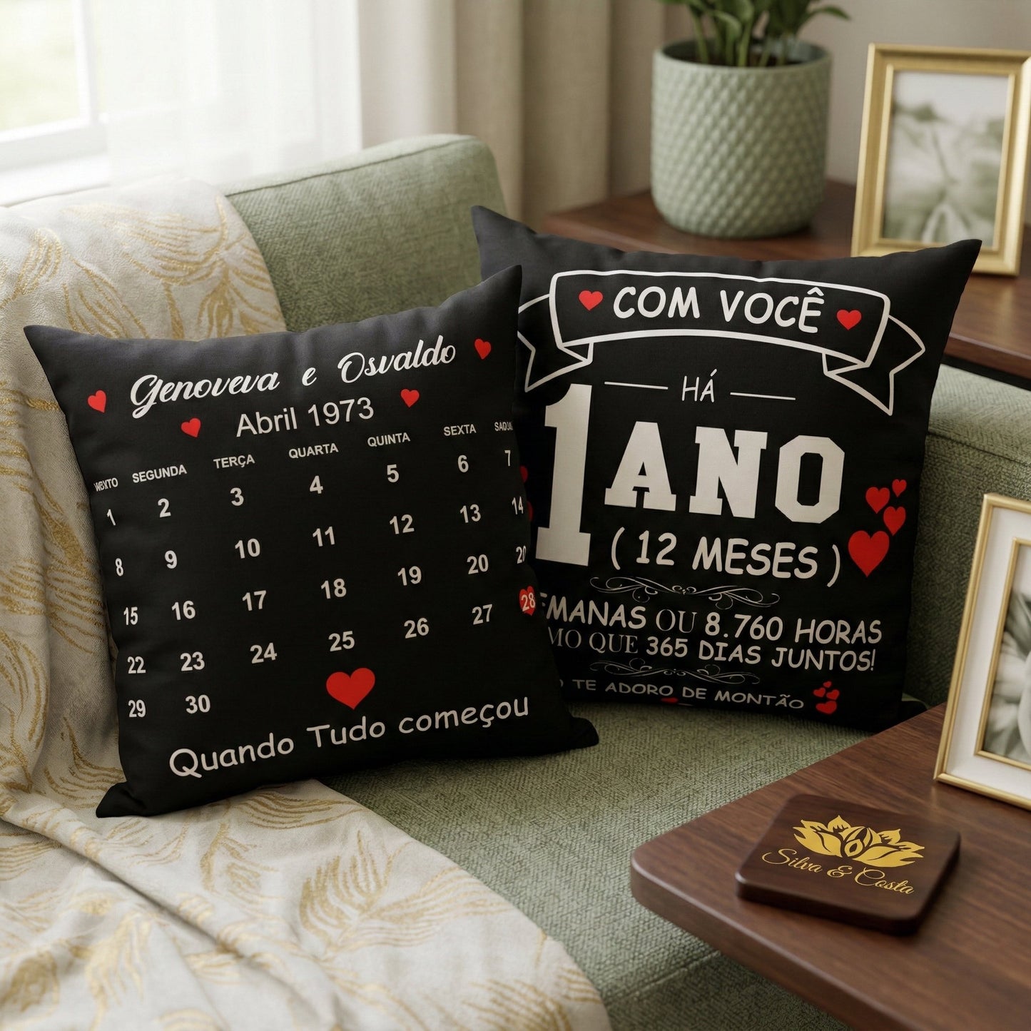Almofada Personalizada com Nomes, Data e Calendário | Presente Romântico Casal