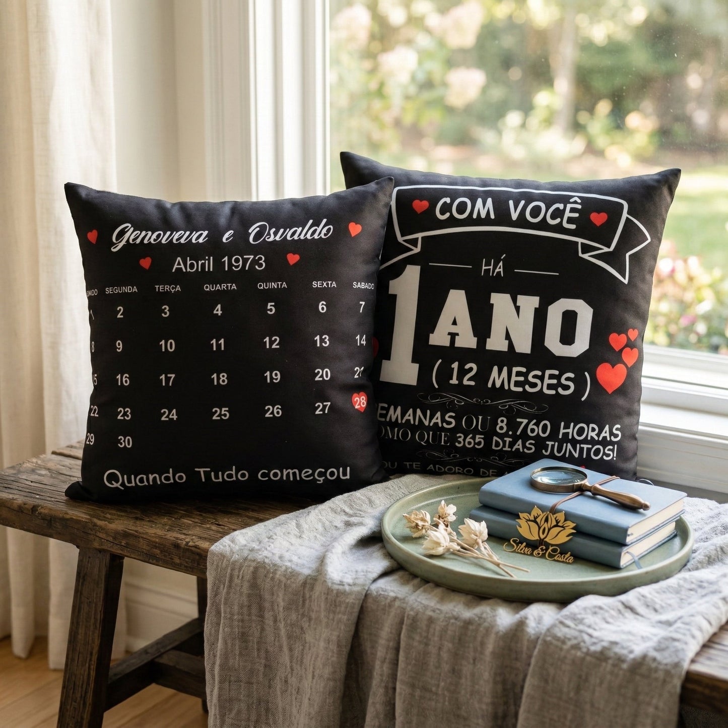 Almofada Personalizada com Nomes, Data e Calendário | Presente Romântico Casal