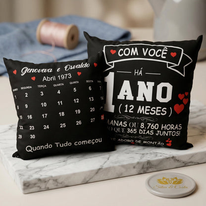 Almofada Personalizada com Nomes, Data e Calendário | Presente Romântico Casal