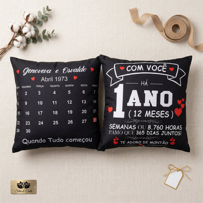 Almofada Personalizada com Nomes, Data e Calendário | Presente Romântico Casal
