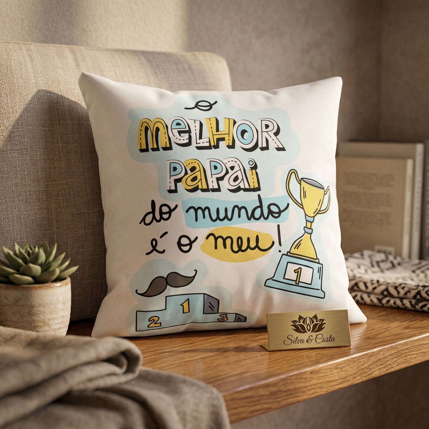 Almofada Dia dos Pais Personalizada com Frase e Troféu — Presente Dia dos Pais