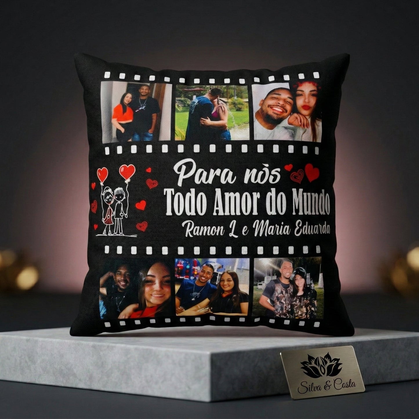 Almofada preta personalizada com foto e nome — Presente romântico casal