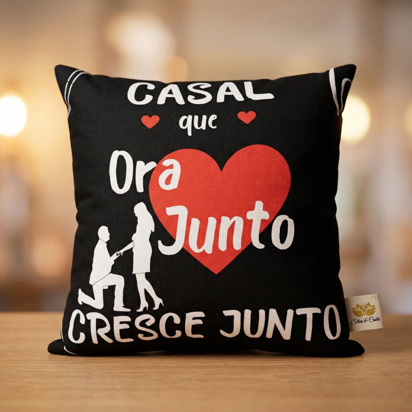 Almofada preta personalizada com nome e frase — Presente romântico para casal