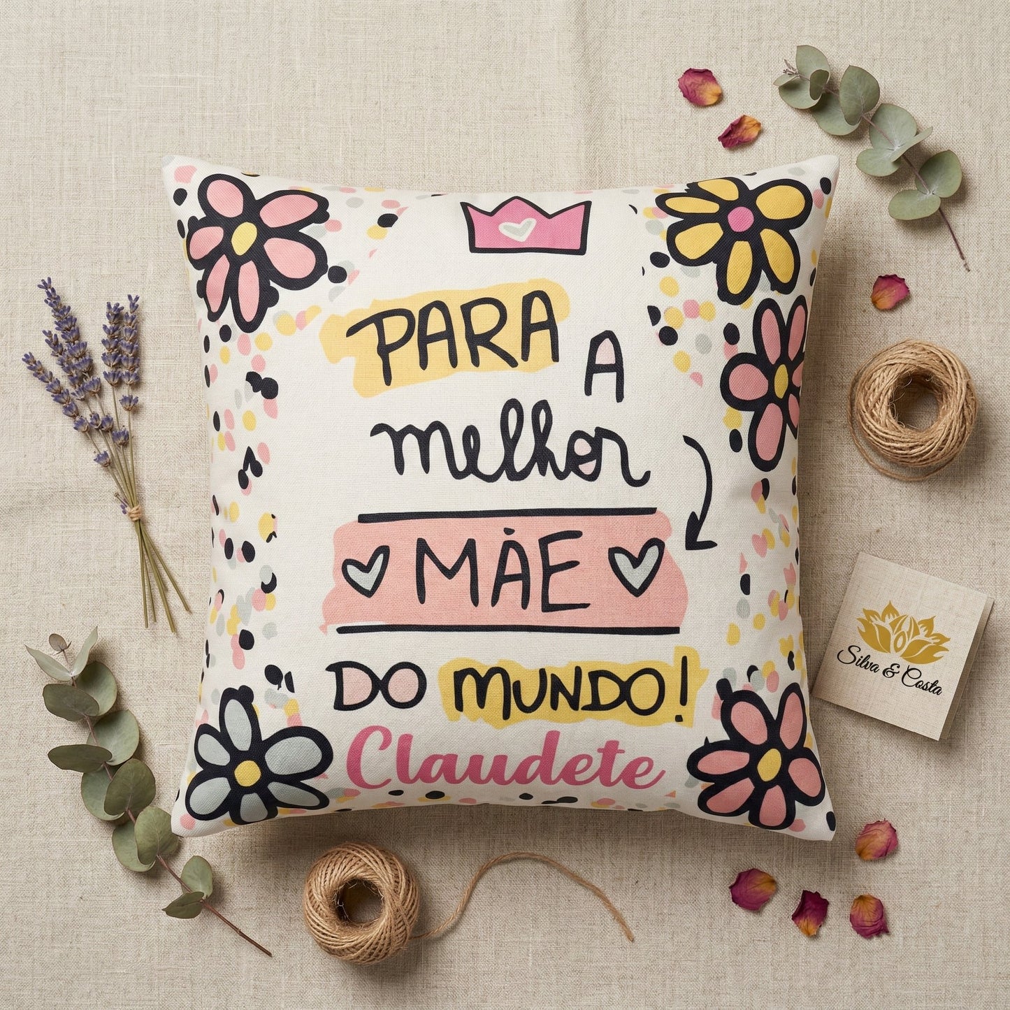 Almofada quadrada personalizada com nome e frase — Presente Dia das Mães