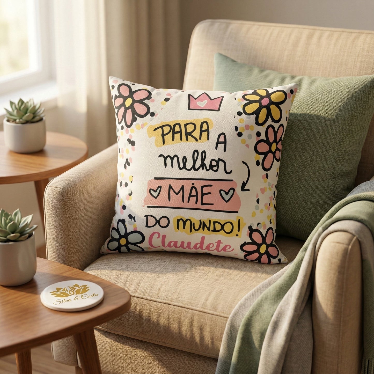 Almofada quadrada personalizada com nome e frase — Presente Dia das Mães