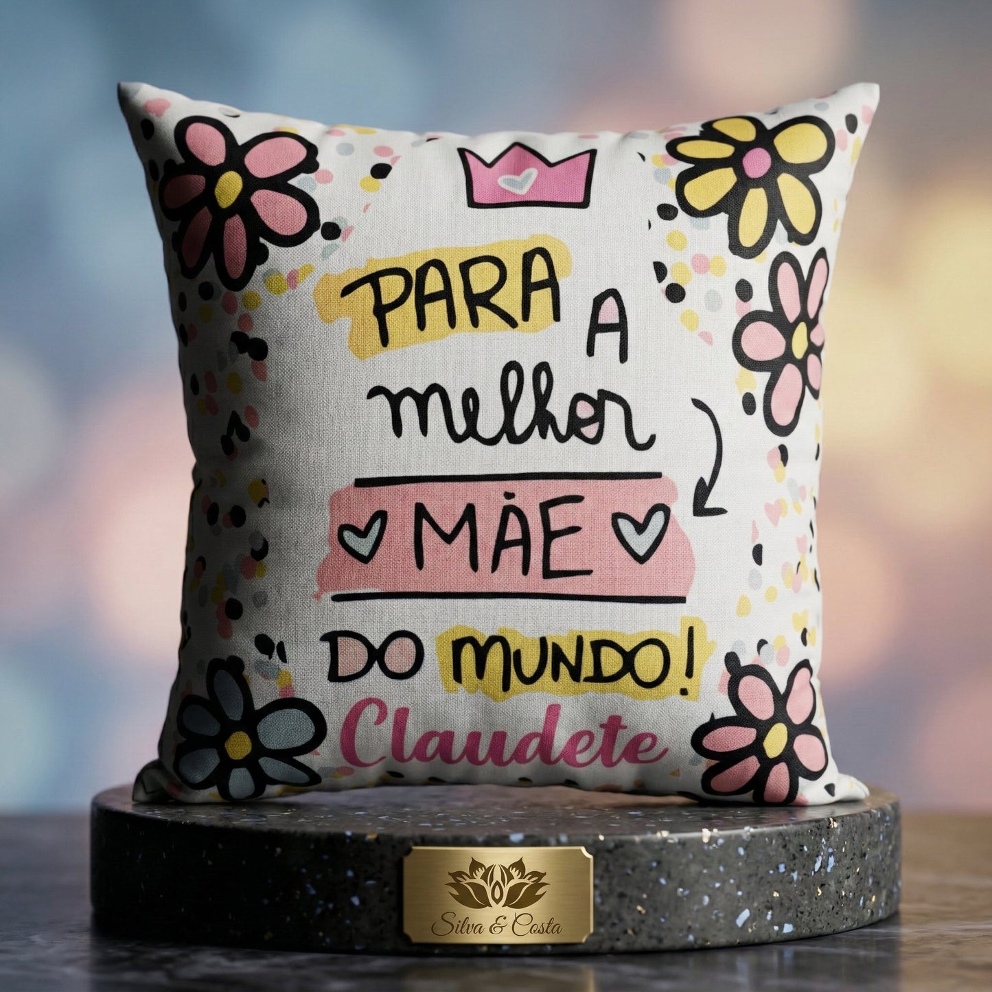 Almofada quadrada personalizada com nome e frase — Presente Dia das Mães