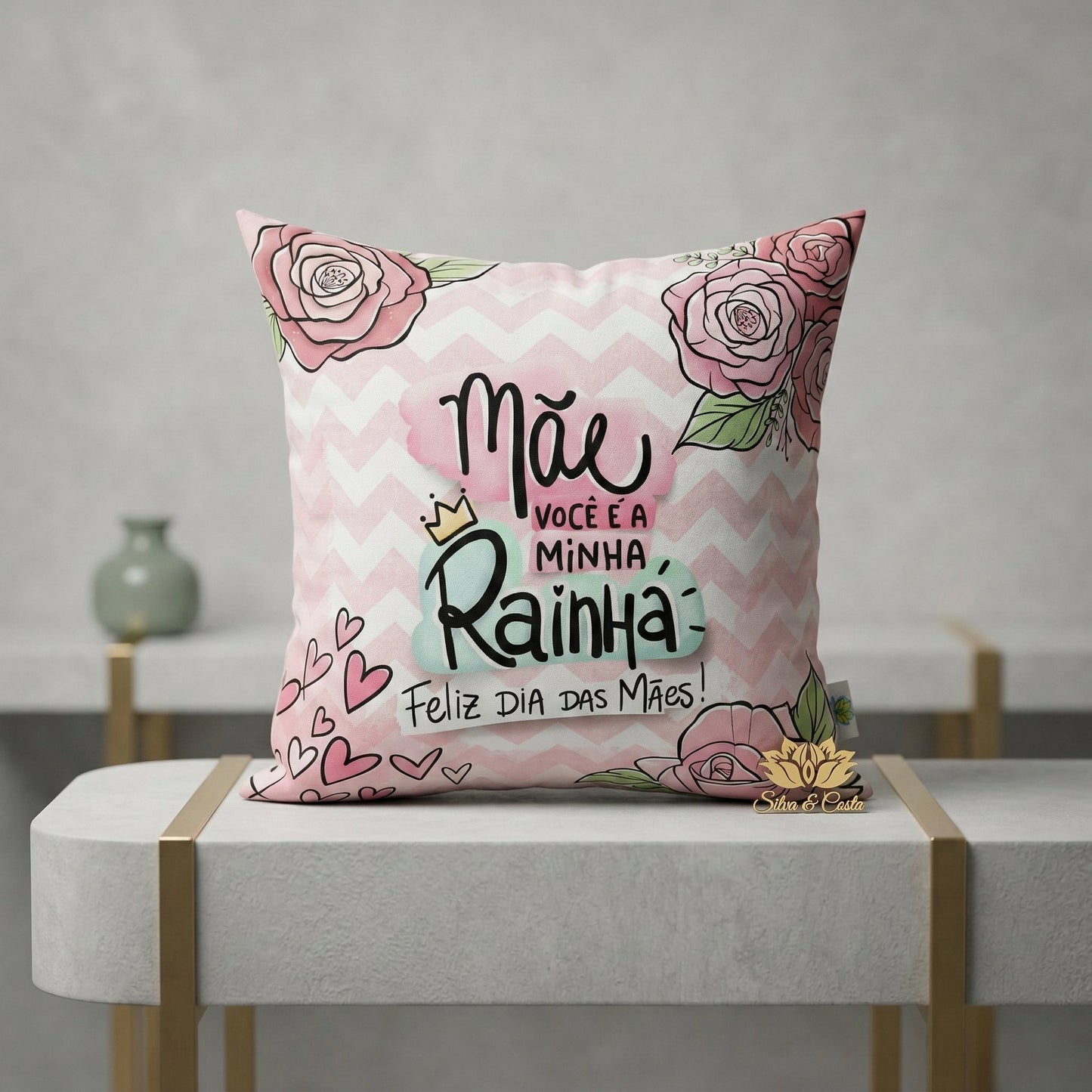 Almofada Personalizada com Frase — Presente Dia das Mães Rainha Floral Rosa