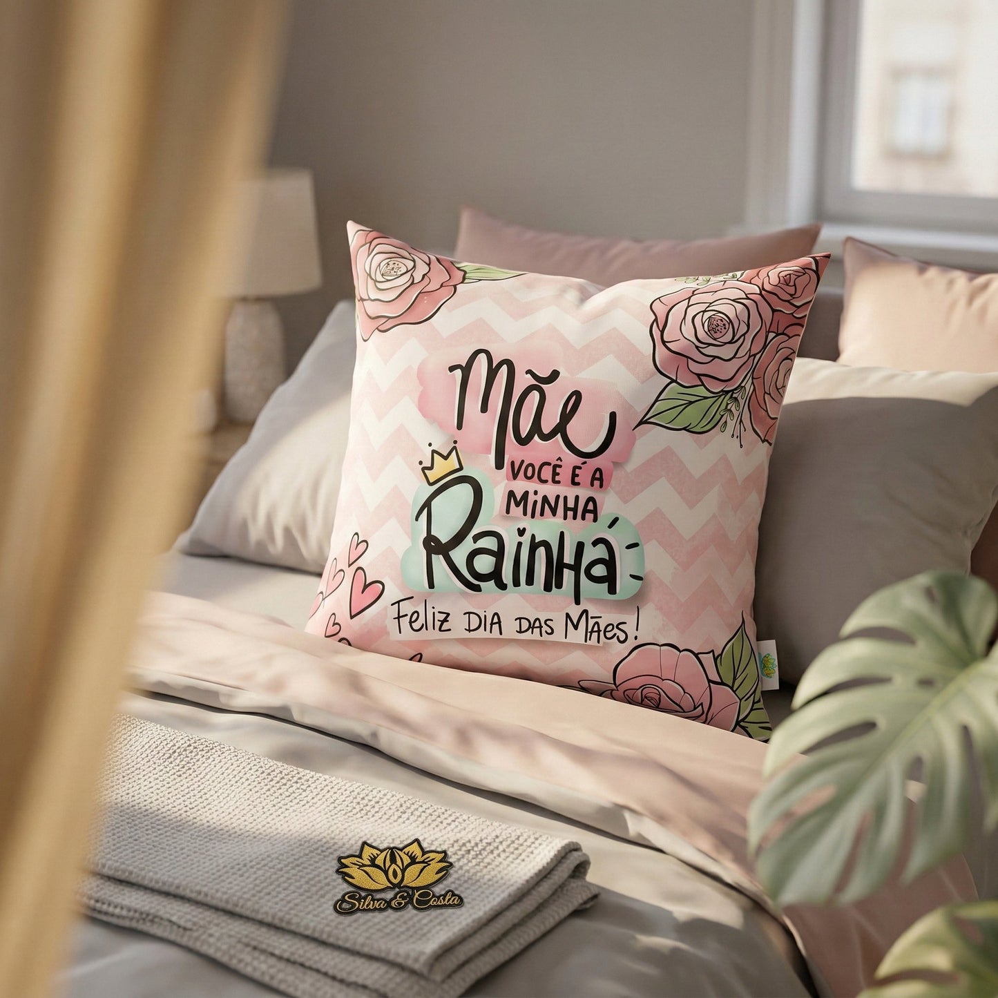 Almofada Personalizada com Frase — Presente Dia das Mães Rainha Floral Rosa