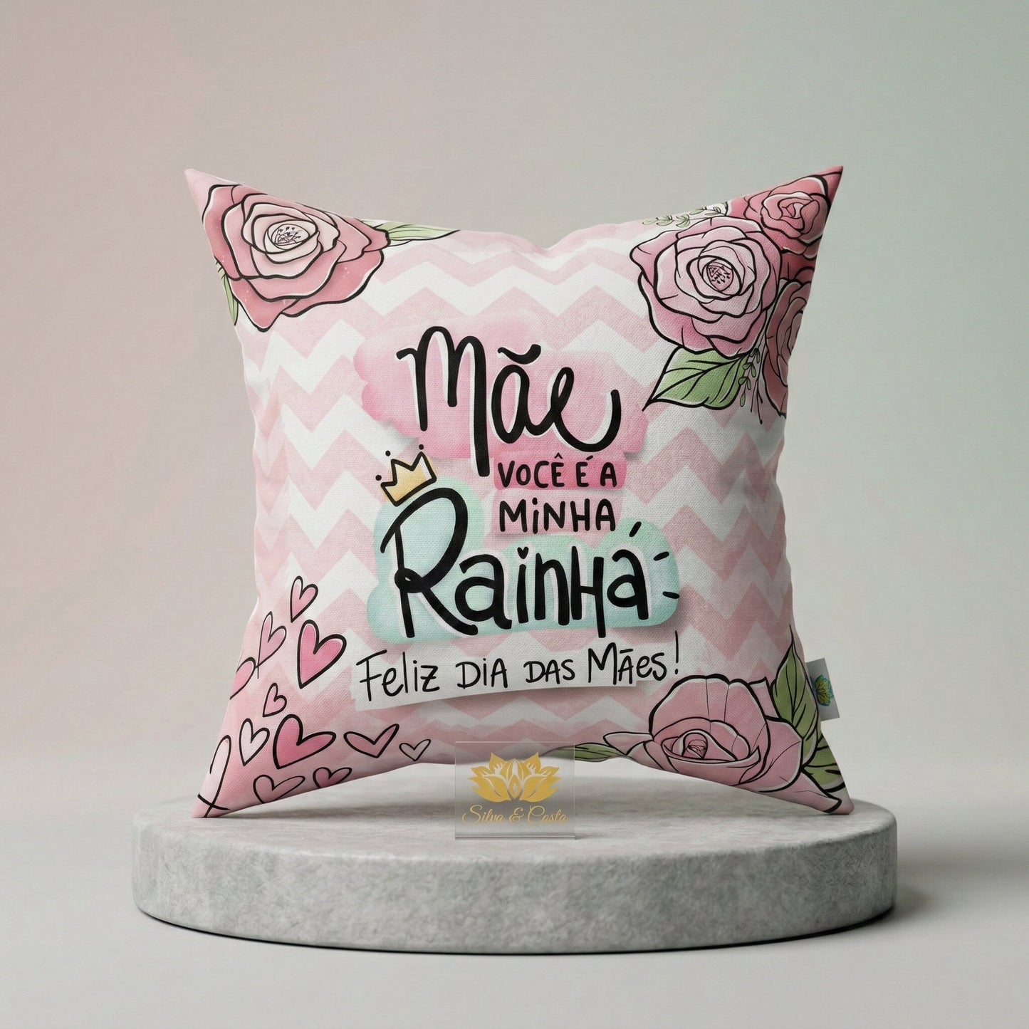 Almofada Personalizada com Frase — Presente Dia das Mães Rainha Floral Rosa