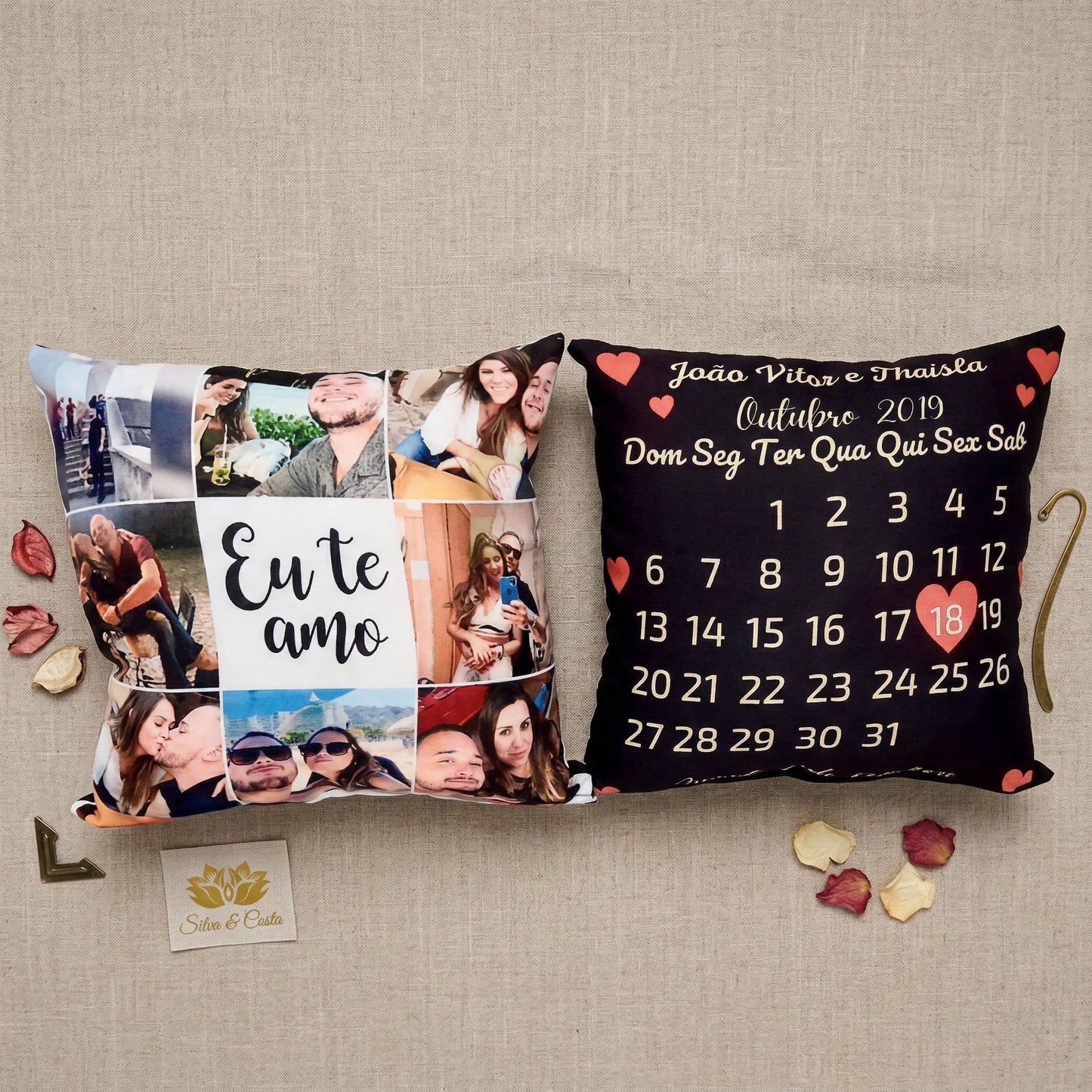 Almofada Personalizada Romântica Com Fotos, Nomes E Data (Calendário Do Dia Especial) Personalizado