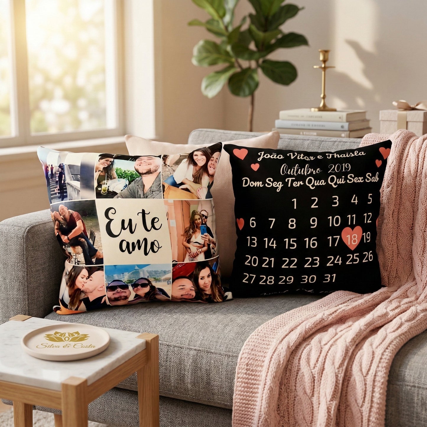 Almofada Personalizada Romântica Com Fotos, Nomes E Data (Calendário Do Dia Especial) Personalizado