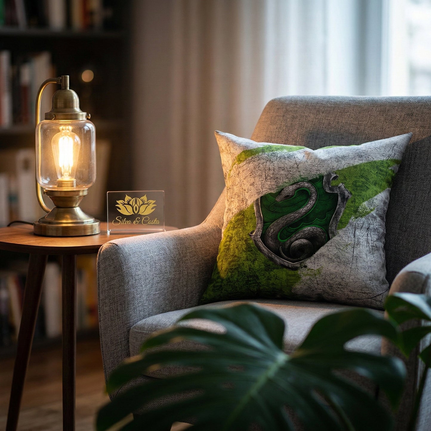 Almofada Personalizada com Nome — Harry Potter Sonserina Verde e Cinza