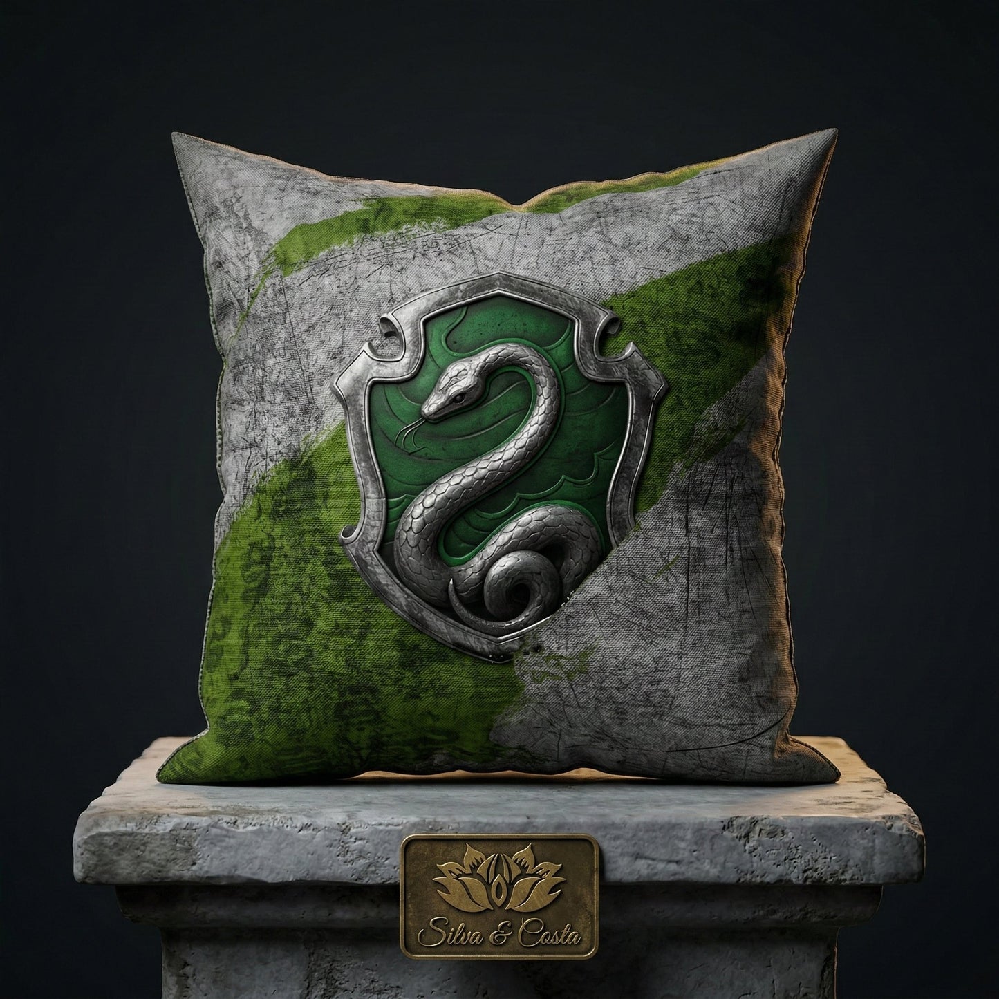 Almofada Personalizada com Nome — Harry Potter Sonserina Verde e Cinza
