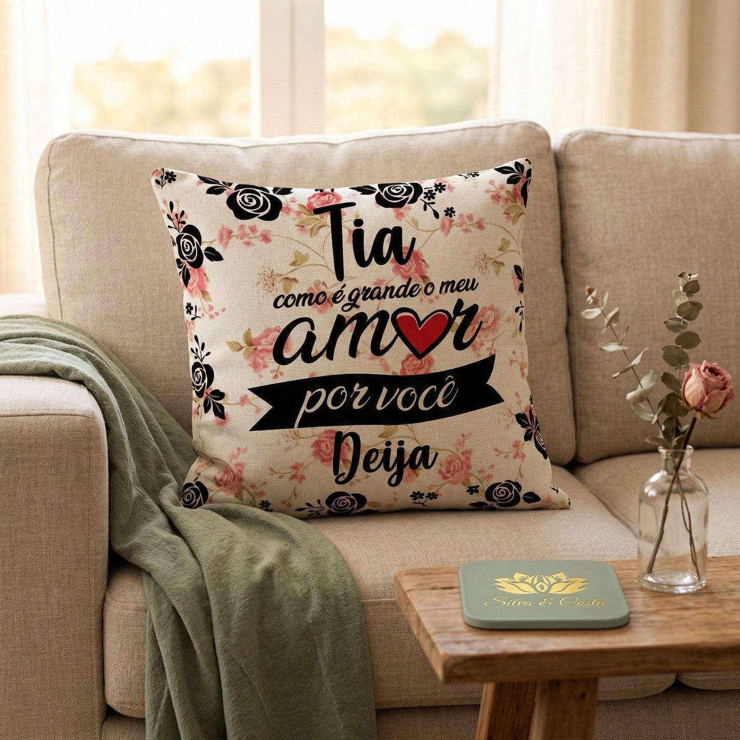 Almofada Personalizada com Frase e Nome — Presente Floral para Tia