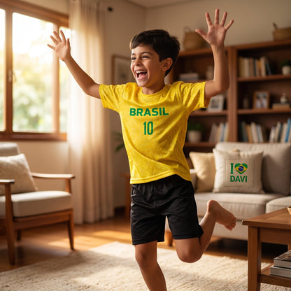 Camiseta Infantil Brasil Personalizada com Nome | Dryfit Copa 2026
