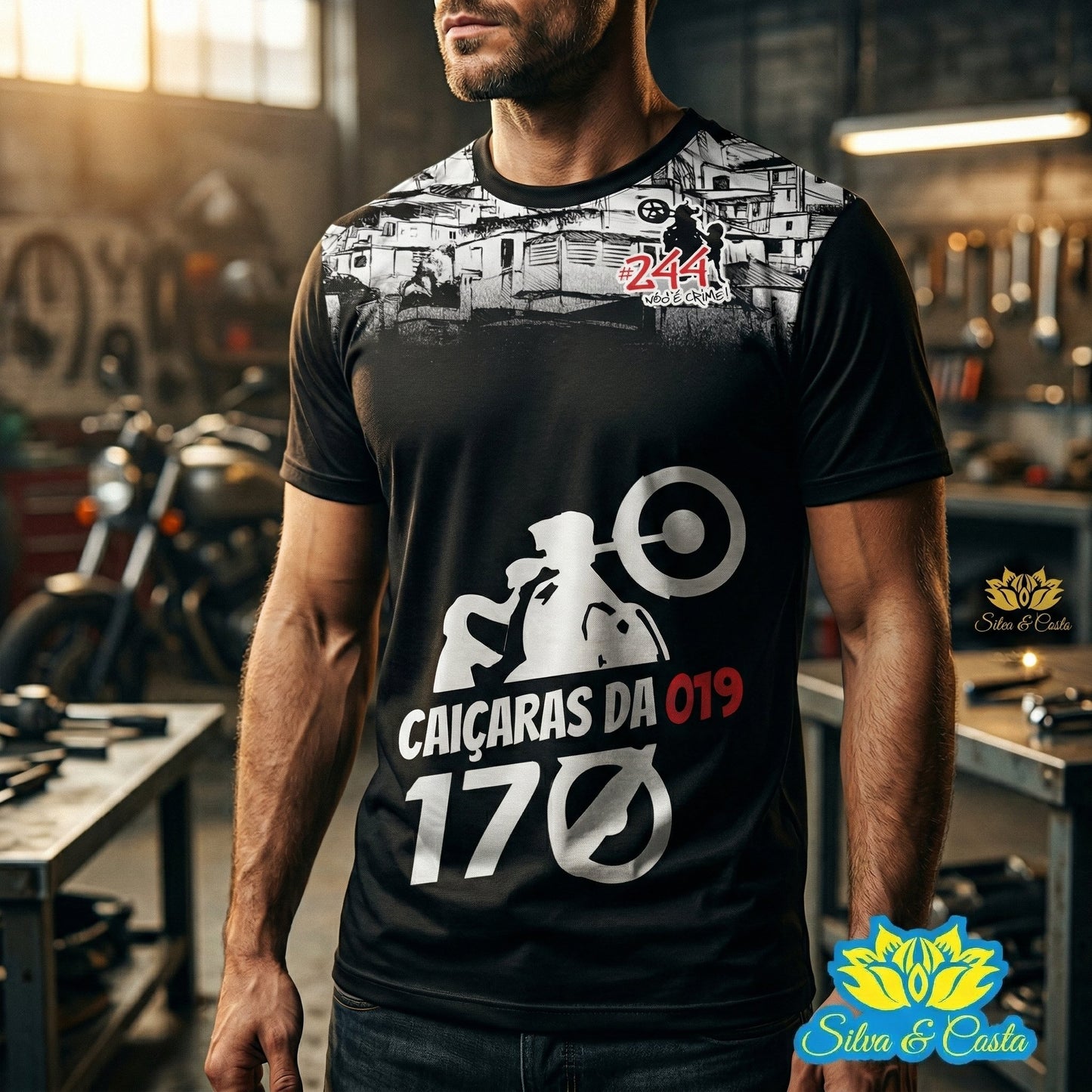 Camiseta Preta Personalizada DTF Motociclista | Motoclube Caiçaras