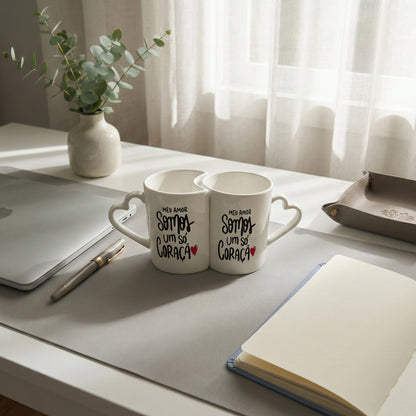 Caneca Personalizada com Foto Dupla Coração — Presente Romântico Casal