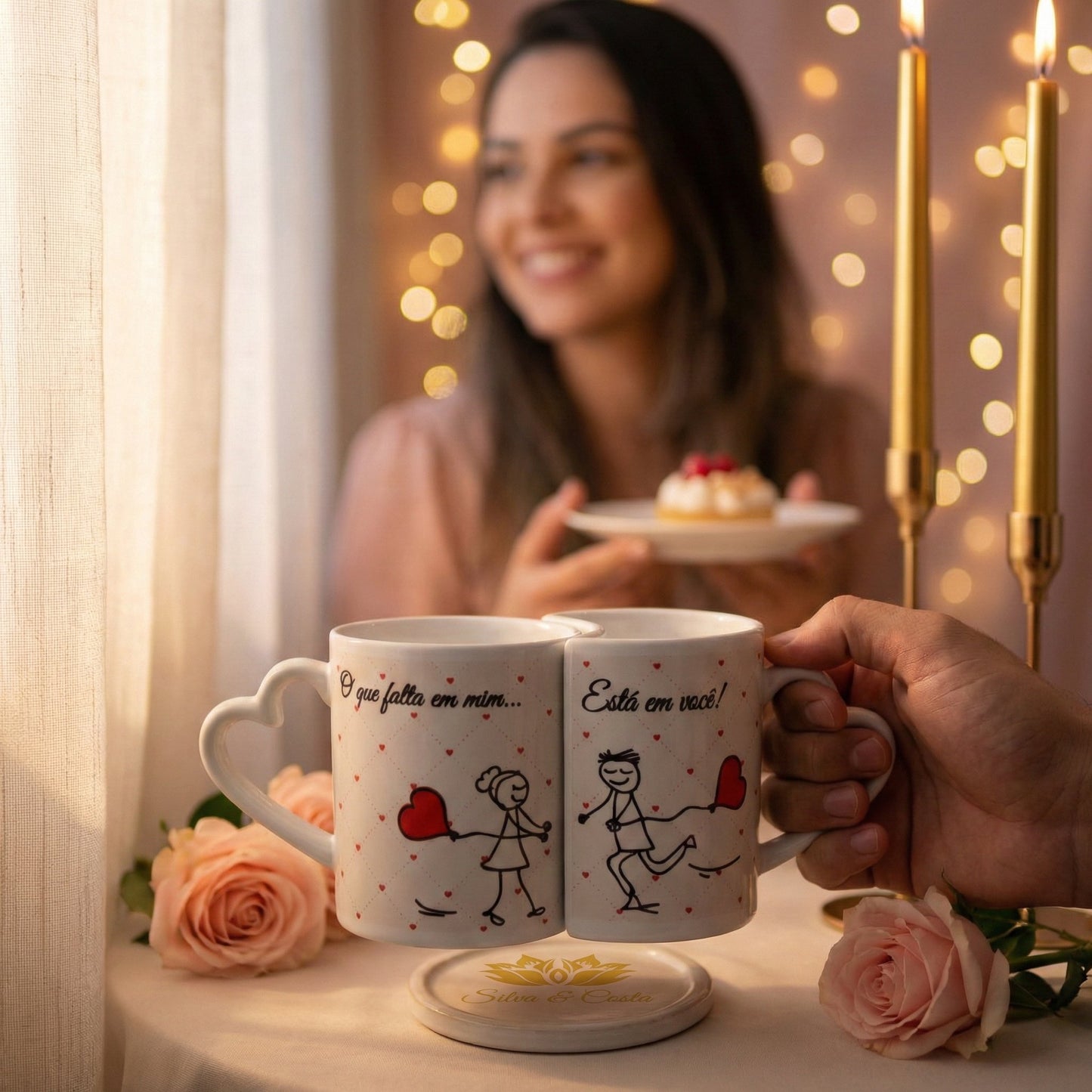 Caneca Personalizada com Foto Duplo Coração — Presente Romântico Casal