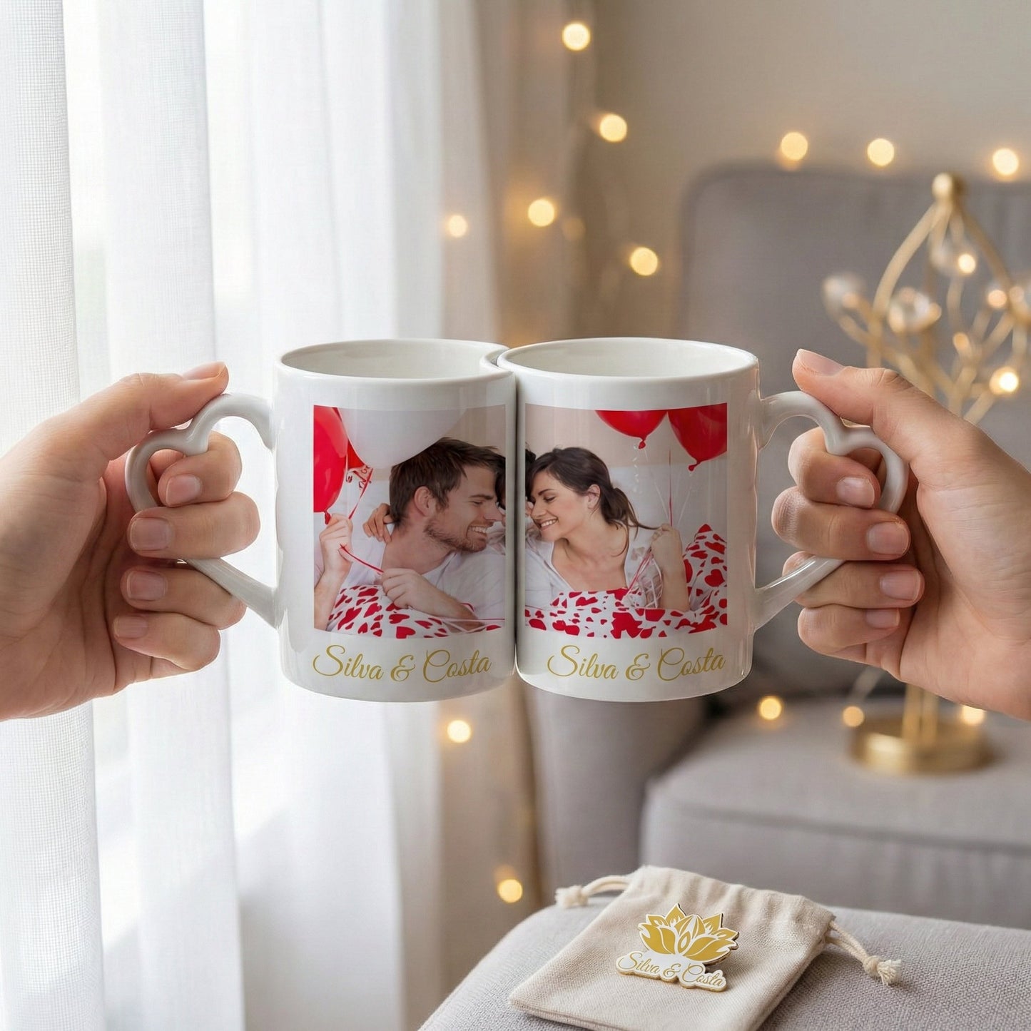 Caneca Personalizada com Foto Duplo Coração — Presente Romântico Casal