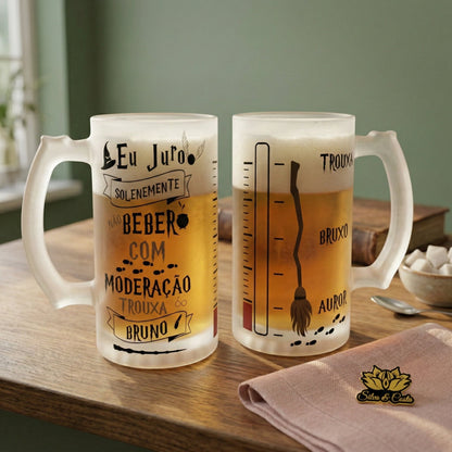 Caneca vidro jateada personalizada com Nome — Presente fã Harry Potter