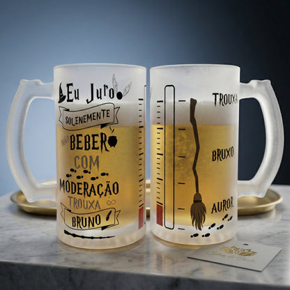 Caneca vidro jateada personalizada com Nome — Presente fã Harry Potter