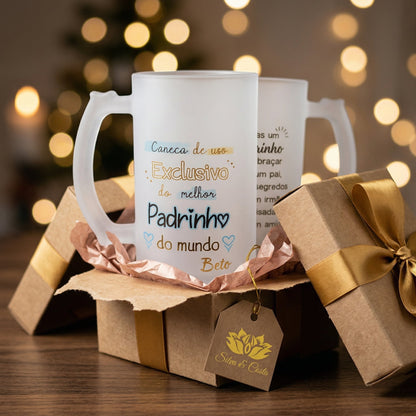 Caneca Vidro Jateado com Nome | Padrinho Personalizado