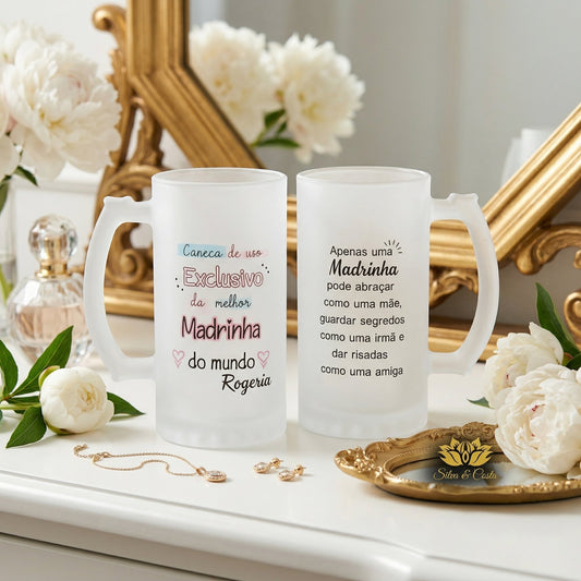 Caneca Vidro Jateado Personalizada com Foto | Presente Madrinha