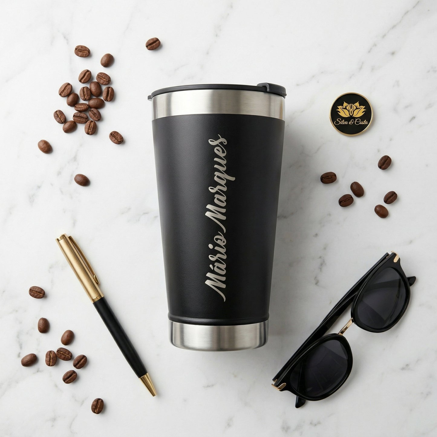 Copo Stanley Térmico Personalizado Preto inox com Nome Vertical | Presente