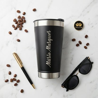 Copo Stanley Térmico Personalizado Preto inox com Nome Vertical | Presente