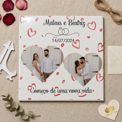 Azulejo Personalizado 20x20cm com Foto e Nome | Presente Romântico Casal