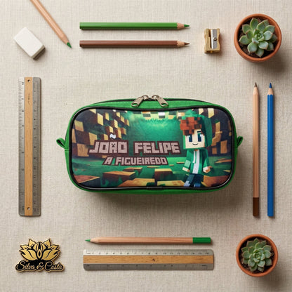 Estojo escolar personalizado com 3 zíperes e nome | Infantil menino gamer
