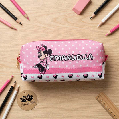 Estojo escolar personalizado com nome e 3 divisórias | Infantil Minnie Rosa