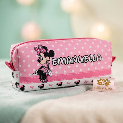 Estojo escolar personalizado com nome e 3 divisórias | Infantil Minnie Rosa