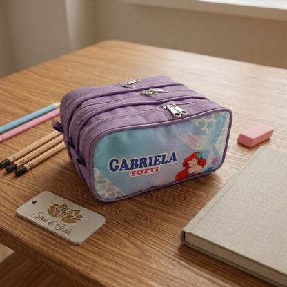 Estojo escolar personalizado com nome | infantil tema sereia, 3 divisórias