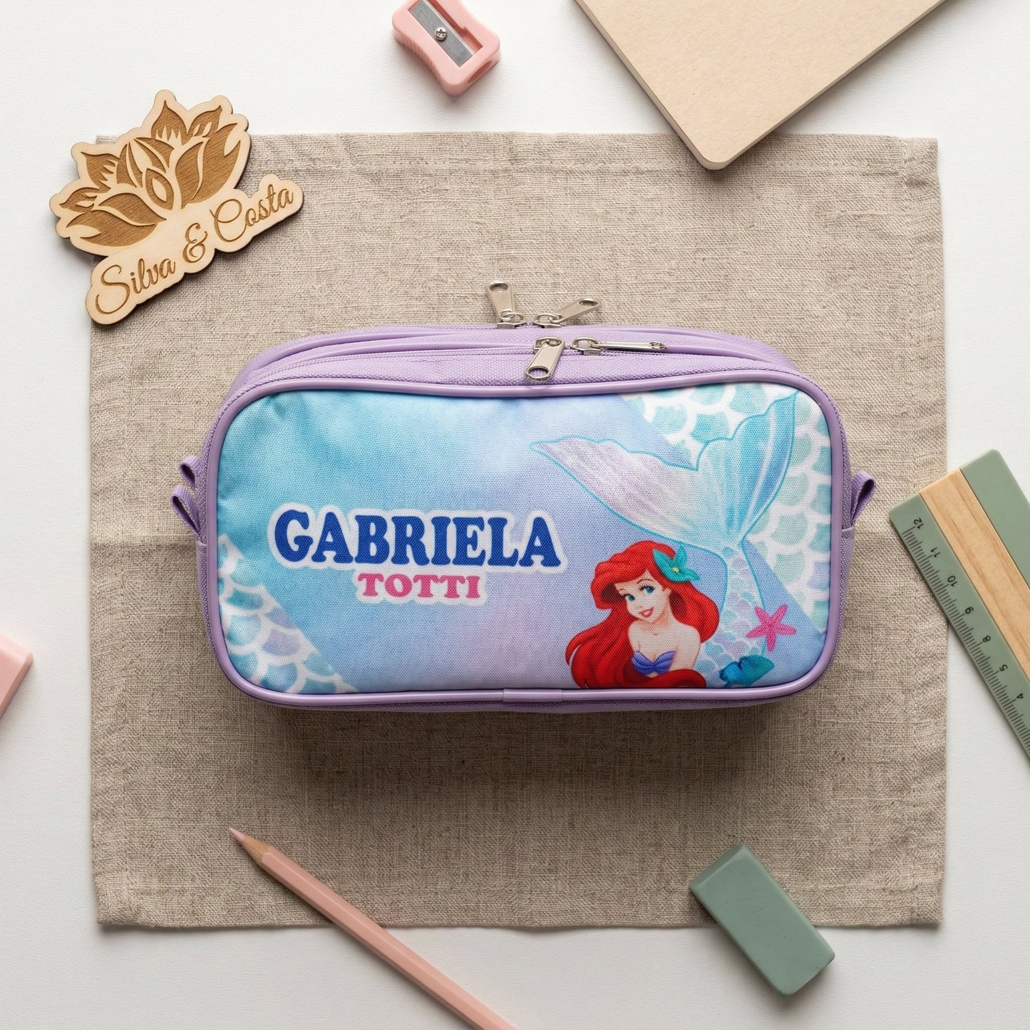 Estojo escolar personalizado com nome | infantil tema sereia, 3 divisórias
