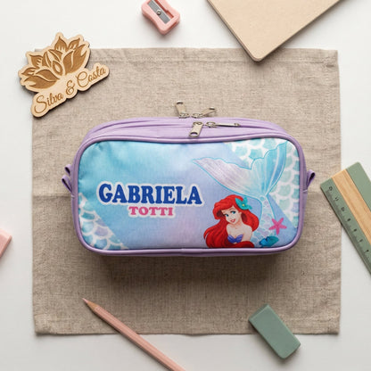 Estojo escolar personalizado com nome | infantil tema sereia, 3 divisórias